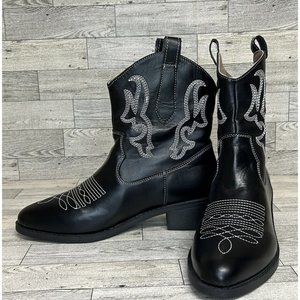 Women's Pointed Toe Embroidered Sleeve Boots Thick Heels Mid-Calf‎ New Sz 10US